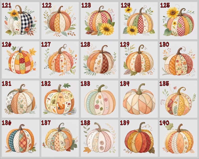 May include: A selection of watercolour pumpkins in diverse designs. Each pumpkin displays unique patterns, including plaid, floral, and patchwork, with autumn colours such as orange, yellow, and brown. Some pumpkins are decorated with sunflowers and foliage.