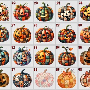 May include: Twenty illustrations of patchwork pumpkins with carved faces, ideal for Halloween. The pumpkins feature various colours and patterns, offering a range of designs for seasonal crafts and decorations.