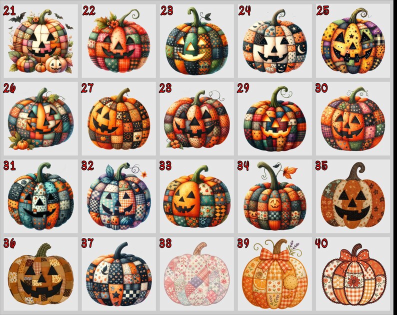 May include: Twenty illustrations of patchwork pumpkins with carved faces, ideal for Halloween. The pumpkins feature various colours and patterns, offering a range of designs for seasonal crafts and decorations.