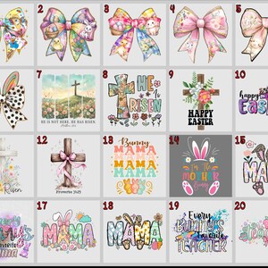 May include: A collection of Easter-themed designs. The designs include colorful bows, crosses, and text graphics. The bows feature Easter eggs, bunnies, and floral patterns. The text graphics include phrases like "Happy Easter" and "He is Risen."