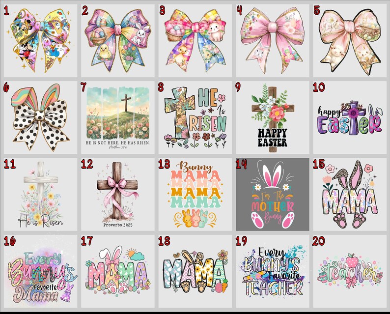 May include: A collection of Easter-themed designs. The designs include colorful bows, crosses, and text graphics. The bows feature Easter eggs, bunnies, and floral patterns. The text graphics include phrases like "Happy Easter" and "He is Risen."