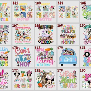 May include: A collection of Easter-themed designs featuring cartoon characters and holiday phrases. Designs include images of eggs, bunnies, and text like "Happy Easter Day" and "My Favorite Peeps".