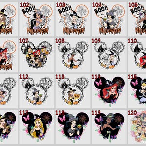May include: A collection of Halloween-themed graphic designs featuring Disney princesses in witch costumes. Each design includes a princess, a witch hat, a spider web, and the word "Halloween". Some designs are in the shape of Mickey Mouse ears.
