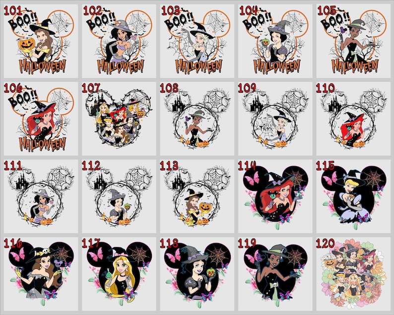 May include: A collection of Halloween-themed graphic designs featuring Disney princesses in witch costumes. Each design includes a princess, a witch hat, a spider web, and the word "Halloween". Some designs are in the shape of Mickey Mouse ears.
