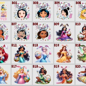May include: A collection of Easter-themed graphics featuring Disney princesses. Each princess is depicted with bunny ears, holding Easter eggs or baskets. The designs include various princesses like Snow White, Jasmine, and Ariel, with the word "EASTER" at the top.