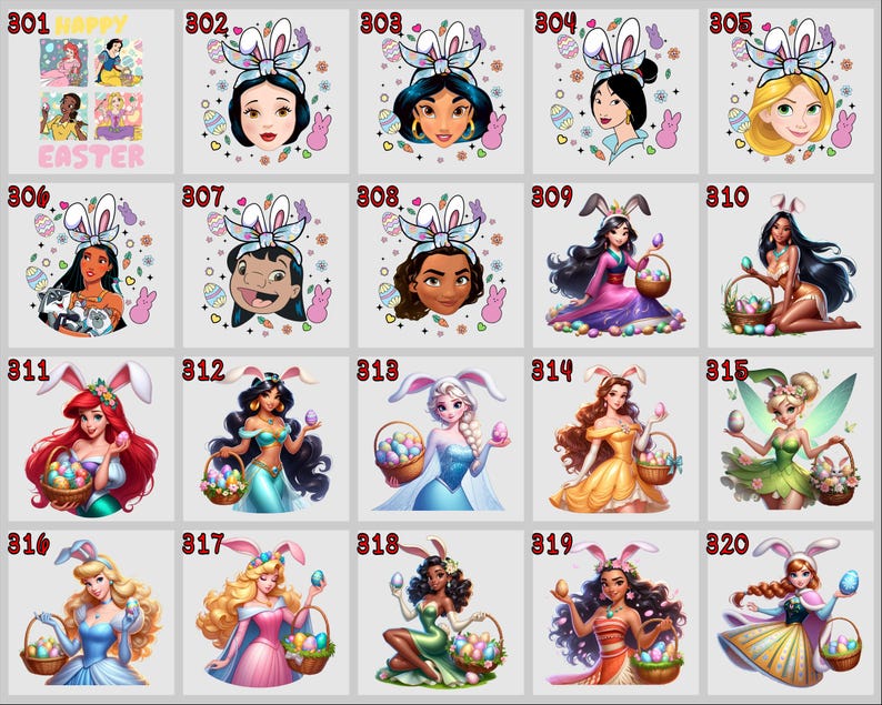 May include: A collection of Easter-themed graphics featuring Disney princesses. Each princess is depicted with bunny ears, holding Easter eggs or baskets. The designs include various princesses like Snow White, Jasmine, and Ariel, with the word "EASTER" at the top.
