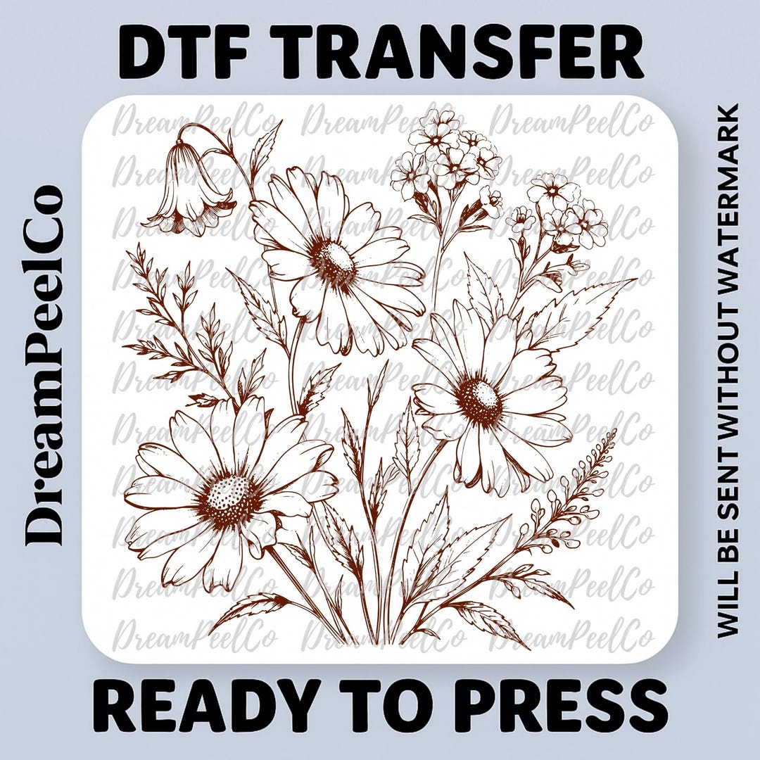 Vintage Monochrome Flower Dtf Transfer, Ready to Press Boho Floral ...