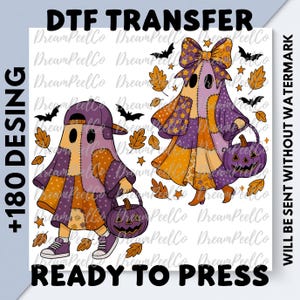 May include: DTF transfer design featuring two patchwork ghost characters in purple, orange, and yellow. One ghost wears a baseball cap and the other a bow. Both hold jack-o'-lanterns. The design includes text that reads "+180 DESING" and "READY TO PRESS".