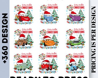 May include: A sheet of DTF transfers featuring various cartoon cars wearing Santa hats and Christmas decorations. Each design includes the text "A Very Matter Christmas". The words "DTF TRANSFER" and "READY TO PRESS" are also visible.
