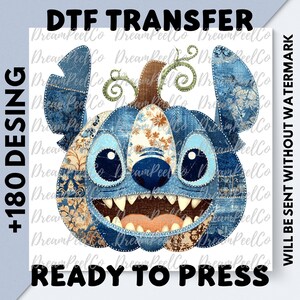 May include: DTF transfer featuring a blue patchwork design of a character with large ears and a wide grin. The design includes the text "DTF TRANSFER", "+180 DESING", and "READY TO PRESS". The words "WILL BE SENT WITHOUT WATERMARK" are also included.