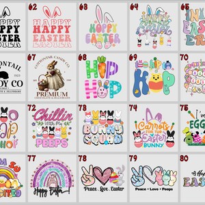 May include: A collection of Easter-themed designs featuring text and graphics. Designs include phrases like "Happy Easter," "Bunny Squad," and "I'm so Egg-stra." Graphics include bunnies, carrots, and Easter eggs. The designs are in various colors.