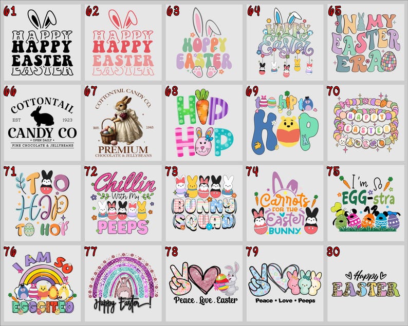 May include: A collection of Easter-themed designs featuring text and graphics. Designs include phrases like "Happy Easter," "Bunny Squad," and "I'm so Egg-stra." Graphics include bunnies, carrots, and Easter eggs. The designs are in various colors.