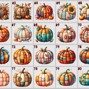 May include: A selection of watercolour pumpkins in diverse designs. Each pumpkin has a unique patchwork pattern with autumnal colours such as orange, red, and green. Some pumpkins have heart or button details, others include sunflowers and leaves.
