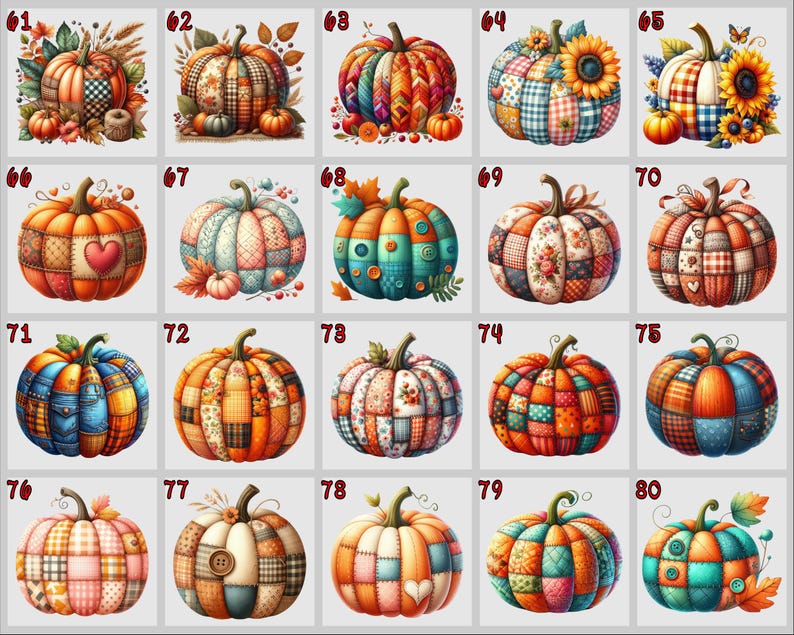 May include: A selection of watercolour pumpkins in diverse designs. Each pumpkin has a unique patchwork pattern with autumnal colours such as orange, red, and green. Some pumpkins have heart or button details, others include sunflowers and leaves.