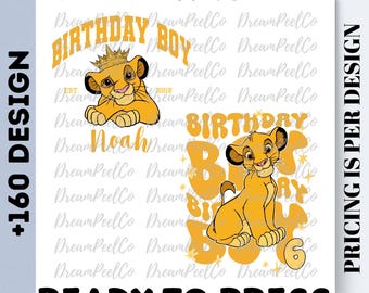 May include: A DTF transfer design with two cartoon lions, the text "BIRTHDAY BOY" and the name "Noah". The design includes the text "READY TO PRESS" and "+160 DESIGN". The lion cubs are yellow and orange.