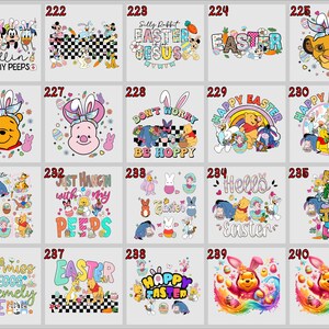 May include: A collection of Easter-themed graphic designs featuring cartoon characters. Designs include Winnie the Pooh, Mickey Mouse, and other characters with Easter eggs and bunny ears. Text includes "Happy Easter" and "Chillin' with my peeps."