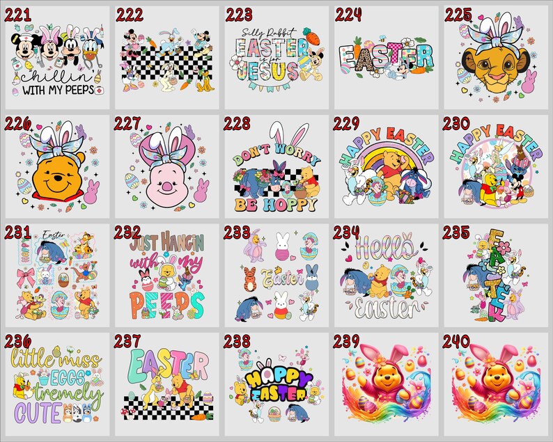 May include: A collection of Easter-themed graphic designs featuring cartoon characters. Designs include Winnie the Pooh, Mickey Mouse, and other characters with Easter eggs and bunny ears. Text includes "Happy Easter" and "Chillin' with my peeps."