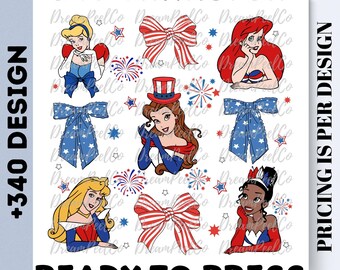 Disney Princess Coquette Bow DTF Transfer, Ready to Press American Girls Shirt Design, 4th of July Theme Graphic