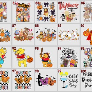 May include: A collection of Halloween-themed graphic designs featuring Winnie the Pooh and friends. Designs include pumpkins, bats, and text like "Nightmare on Main Street" and "Trick or Treat". The images are on a light gray background.