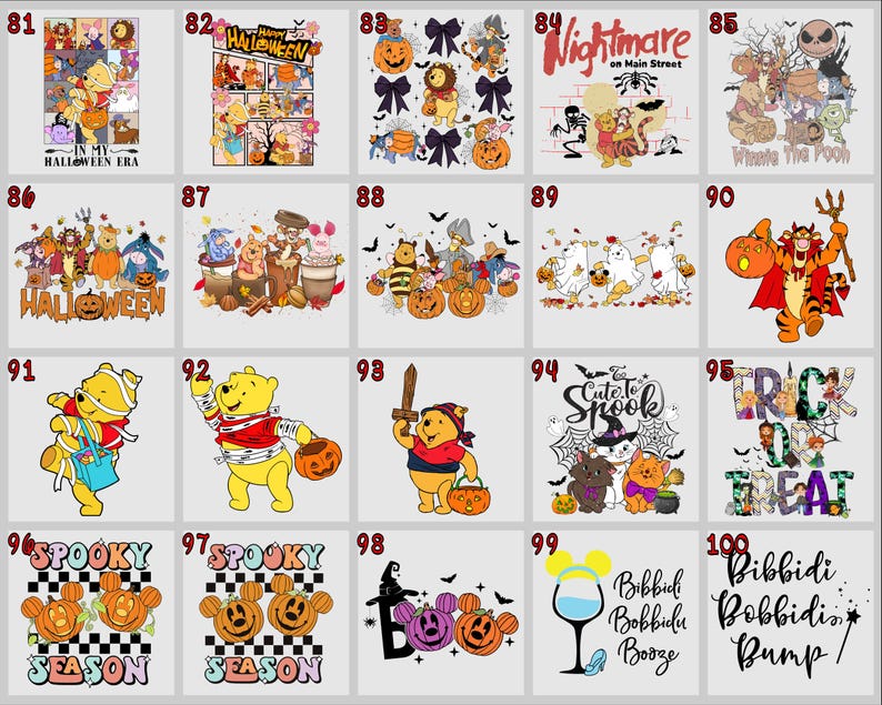 May include: A collection of Halloween-themed graphic designs featuring Winnie the Pooh and friends. Designs include pumpkins, bats, and text like "Nightmare on Main Street" and "Trick or Treat". The images are on a light gray background.