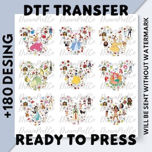 All Disney Princess Characters DTF Transfers, Girls Party Designs Ready to Press for Shirts