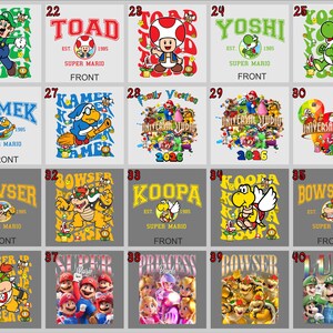 May include: A collection of graphic t-shirts featuring characters from the Super Mario franchise. Designs include Luigi, Toad, Yoshi, Kamek, Bowser, and others. Each shirt has a character image and the words "Super Mario" and "Front".