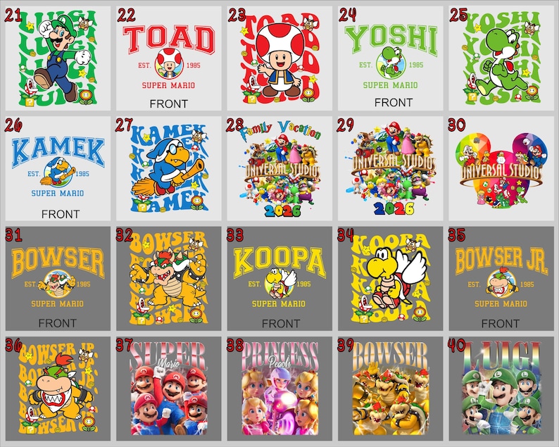 May include: A collection of graphic t-shirts featuring characters from the Super Mario franchise. Designs include Luigi, Toad, Yoshi, Kamek, Bowser, and others. Each shirt has a character image and the words "Super Mario" and "Front".