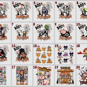 May include: A collection of Halloween-themed designs featuring characters from the Toy Story franchise. Each design includes the word "BOO!!" and "HALLOWEEN" with various characters in spooky costumes. The designs are on a white background.