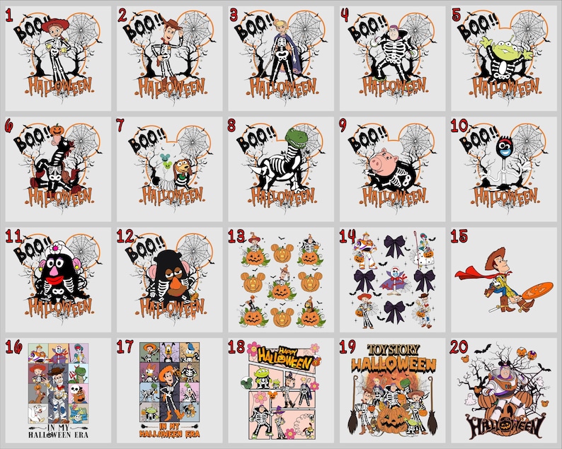 May include: A collection of Halloween-themed designs featuring characters from the Toy Story franchise. Each design includes the word "BOO!!" and "HALLOWEEN" with various characters in spooky costumes. The designs are on a white background.
