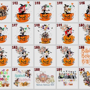 May include: A collection of Halloween-themed designs featuring Disney characters. The designs include characters in witch hats, pumpkins, and the text "Bibbidi Bobbidi Boo". The images are in a variety of styles and arrangements.