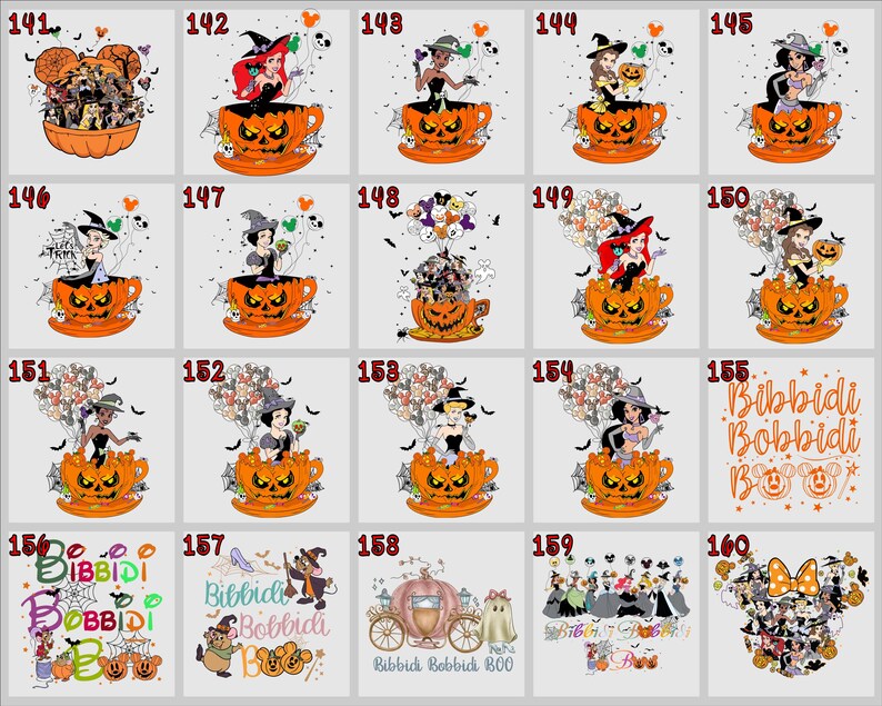 May include: A collection of Halloween-themed designs featuring Disney characters. The designs include characters in witch hats, pumpkins, and the text "Bibbidi Bobbidi Boo". The images are in a variety of styles and arrangements.