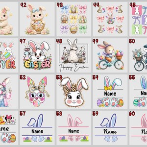 May include: A collection of Easter-themed designs featuring bunnies, bows, and eggs. The images include bunnies holding eggs, riding bicycles, and wearing hats. Some designs have text like "My 1st Easter" and spaces for names. The color palette is pastel.