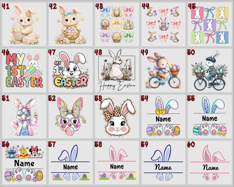 May include: A collection of Easter-themed designs featuring bunnies, bows, and eggs. The images include bunnies holding eggs, riding bicycles, and wearing hats. Some designs have text like "My 1st Easter" and spaces for names. The color palette is pastel.