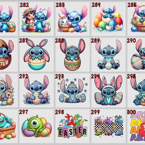 May include: A collection of colorful Easter-themed digital illustrations featuring cartoon characters. The images include Stitch, Mike Wazowski, and Ariel, along with Easter eggs and baskets. Some images have the word "EASTER".
