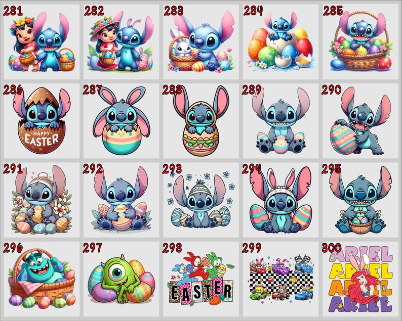 May include: A collection of colorful Easter-themed digital illustrations featuring cartoon characters. The images include Stitch, Mike Wazowski, and Ariel, along with Easter eggs and baskets. Some images have the word "EASTER".