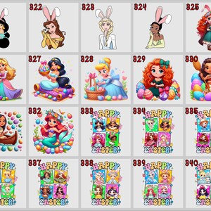 May include: A collection of cartoon illustrations featuring Disney princesses with Easter-themed elements. Each princess is depicted with bunny ears, Easter eggs, or in an Easter setting. The text "HAPPY EASTER!" is also included.