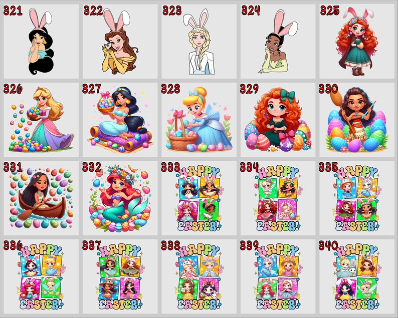 May include: A collection of cartoon illustrations featuring Disney princesses with Easter-themed elements. Each princess is depicted with bunny ears, Easter eggs, or in an Easter setting. The text "HAPPY EASTER!" is also included.