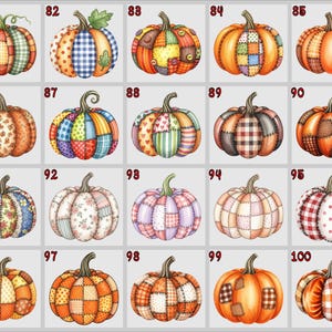 May include: Fifteen decorative pumpkins with individual patchwork designs. The pumpkins display diverse patterns, including plaid, floral, and polka dots, in autumnal colours such as orange, brown, and green. Perfect for autumn decor.