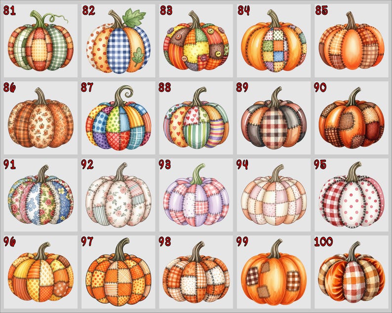 May include: Fifteen decorative pumpkins with individual patchwork designs. The pumpkins display diverse patterns, including plaid, floral, and polka dots, in autumnal colours such as orange, brown, and green. Perfect for autumn decor.