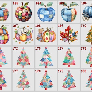 May include: A selection of colourful, patchwork-style illustrations featuring apples, pumpkins, a leaf, a carriage, and Christmas trees. Each design showcases a unique combination of patterns and colours, ideal for seasonal decor.
