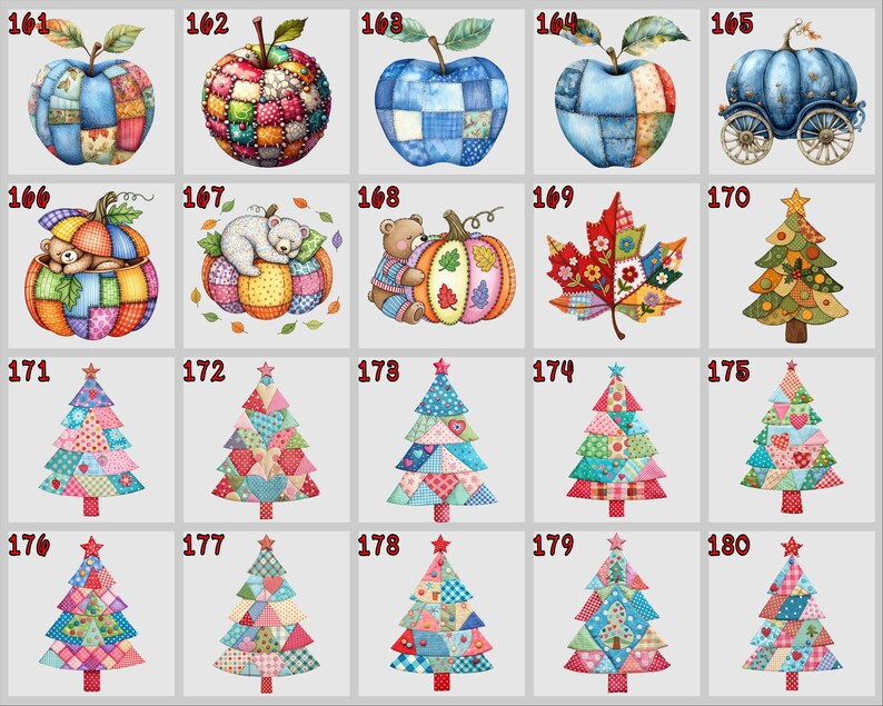 May include: A selection of colourful, patchwork-style illustrations featuring apples, pumpkins, a leaf, a carriage, and Christmas trees. Each design showcases a unique combination of patterns and colours, ideal for seasonal decor.