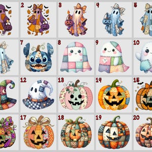 May include: Twenty Halloween-themed illustrations featuring ghosts, pumpkins, and witch hats, all with a patchwork quilt design. The colour palette includes orange, purple, blue, and green, creating a festive and whimsical aesthetic.