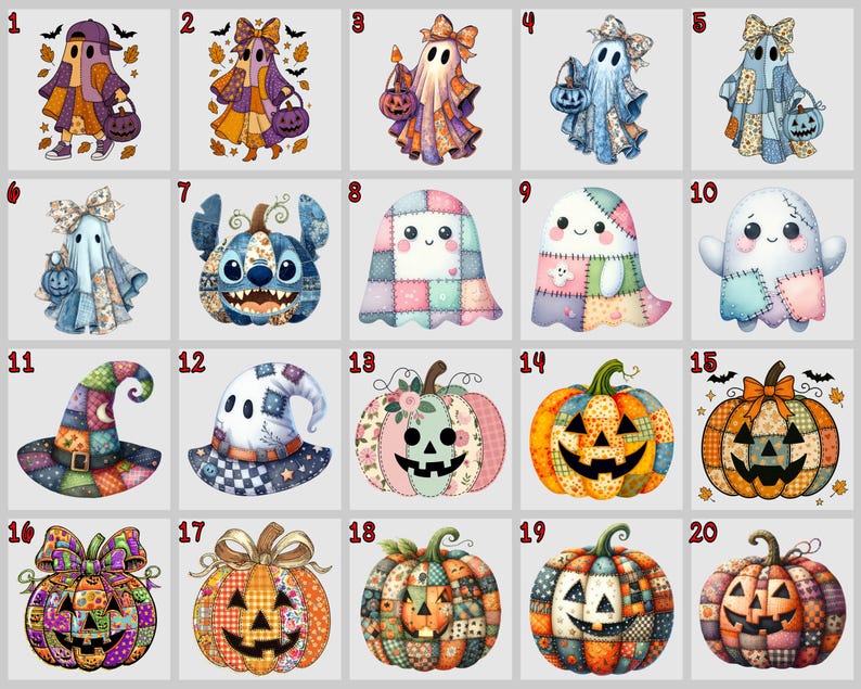 May include: Twenty Halloween-themed illustrations featuring ghosts, pumpkins, and witch hats, all with a patchwork quilt design. The colour palette includes orange, purple, blue, and green, creating a festive and whimsical aesthetic.