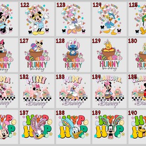 May include: Collection of Easter-themed graphic designs featuring Disney characters like Minnie Mouse, Mickey Mouse, Donald Duck, and Winnie the Pooh. Designs include the words "Hunny Bunny", "Mama Bunny", "Mimi Bunny", "Grandma Bunny", "Grandpa Bunny", and "Hip Hop".