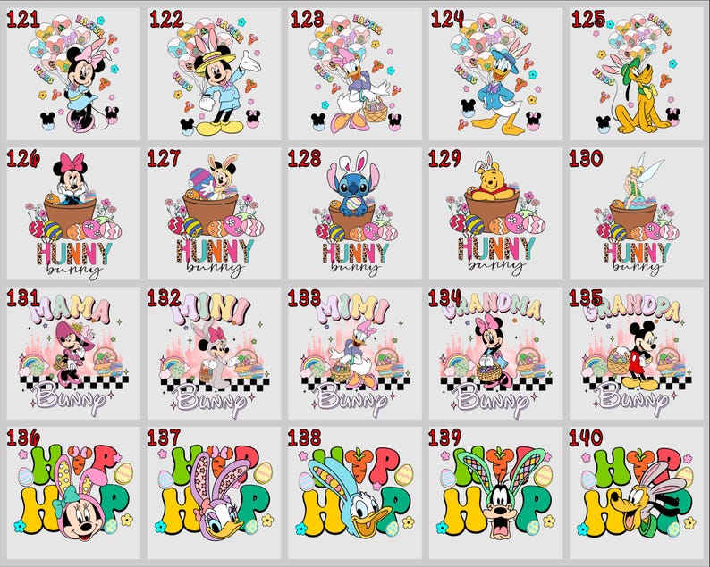May include: Collection of Easter-themed graphic designs featuring Disney characters like Minnie Mouse, Mickey Mouse, Donald Duck, and Winnie the Pooh. Designs include the words "Hunny Bunny", "Mama Bunny", "Mimi Bunny", "Grandma Bunny", "Grandpa Bunny", and "Hip Hop".