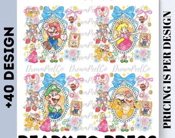 Transferencia DTF de personajes de Super Mario con lazo coqueto, diseño de camiseta para niñas lista para planchar, calcomanía Irpn On
