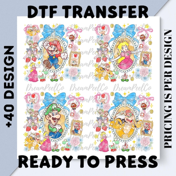 Coquette Bow Super Mario Characters Dtf Transfer, Ready to Press Girls Shirt Desin, Irpn On Decal