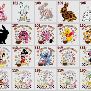 May include: Collection of Easter-themed designs featuring rabbits and cartoon characters. Designs include a pink rabbit with a bow, a floral rabbit, a leopard print rabbit, and a black silhouette of a rabbit. Other designs include Mickey Mouse, Winnie the Pooh, and Stitch.