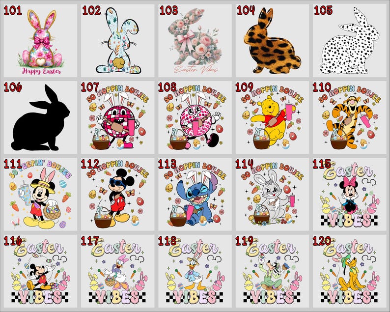 May include: Collection of Easter-themed designs featuring rabbits and cartoon characters. Designs include a pink rabbit with a bow, a floral rabbit, a leopard print rabbit, and a black silhouette of a rabbit. Other designs include Mickey Mouse, Winnie the Pooh, and Stitch.