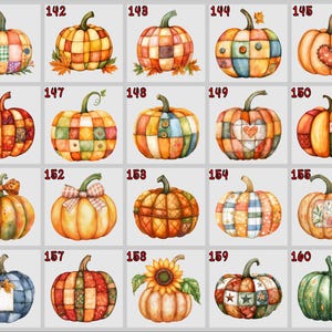 May include: A selection of watercolour pumpkins, each with a different patchwork design. The pumpkins showcase a variety of colours and patterns, including hearts, stars, and floral details. The pumpkins are numbered from 141 to 160.